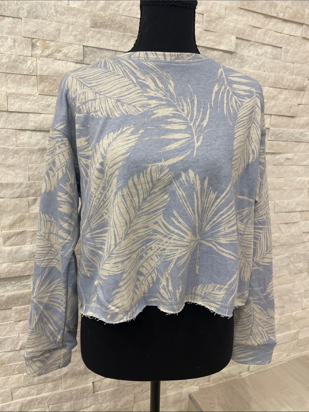 Paper Crane Light Blue Palm-Print Scoop Neck Sweatshirt